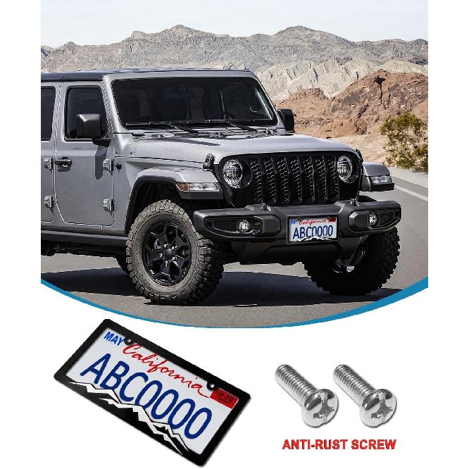 Mountain License Plate Frames- Plastic Black Car Tag Holder Bracket With Screws Caps, 2 Packs 2 Hole, White On Black, Mountain Vinyl Sticker Included