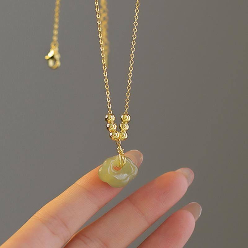 Round Beads Hetian Jasper Auspicious Cloud Collarbone Chain Auspicious Lock Pendant Exquisite Simple Safety Lock Necklace