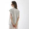 Linen blue short-sleeved shirt summer design small wooden buckle loose top