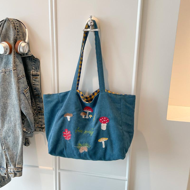 Mori Mushroom Embroidered Shoulder Messenger Bag Corduroy Plaid Double-sided Bag Autumn and Winter New Retro Student Class Bag