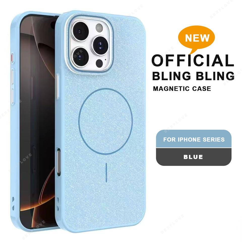 Magnetic Phone Case for iPhone 16E 15 14 Plus 11 12 13 16 Pro Max Magsafe Luxury Glitter Wireless Charging Shockproof Hard Cover