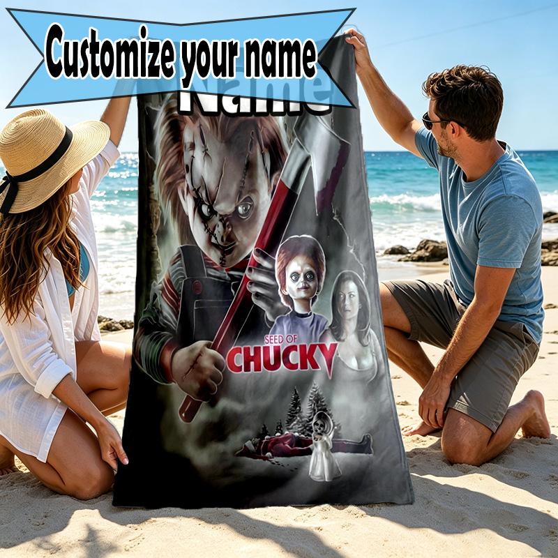 Custom Name Personalized Bride of Chucky Print Beach Towel, for Trip Camping Beach Party Home Decor, Birthday Gift for Family & Friends
