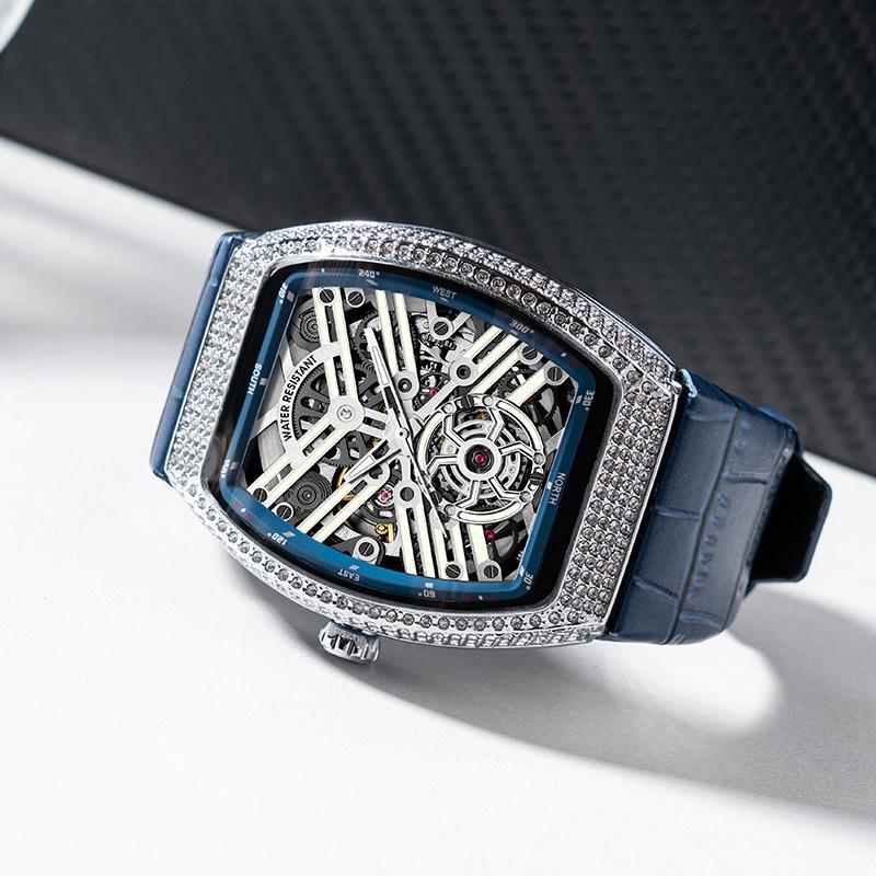Reloj de Barril con Diamantes Completos Reloj Mecánico Totalmente Automático Reloj para Hombre Incrustado con Diamantes Luminoso Reloj Frank