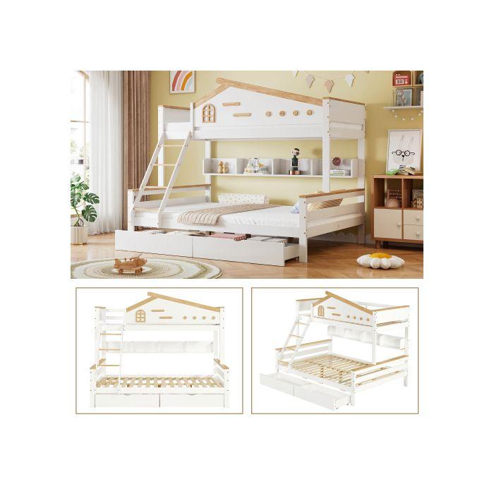 Køyeseng - MUVOE - 90x200cm & 140x200cm - Hvit + Natur - 2 skuffer - Skråstige