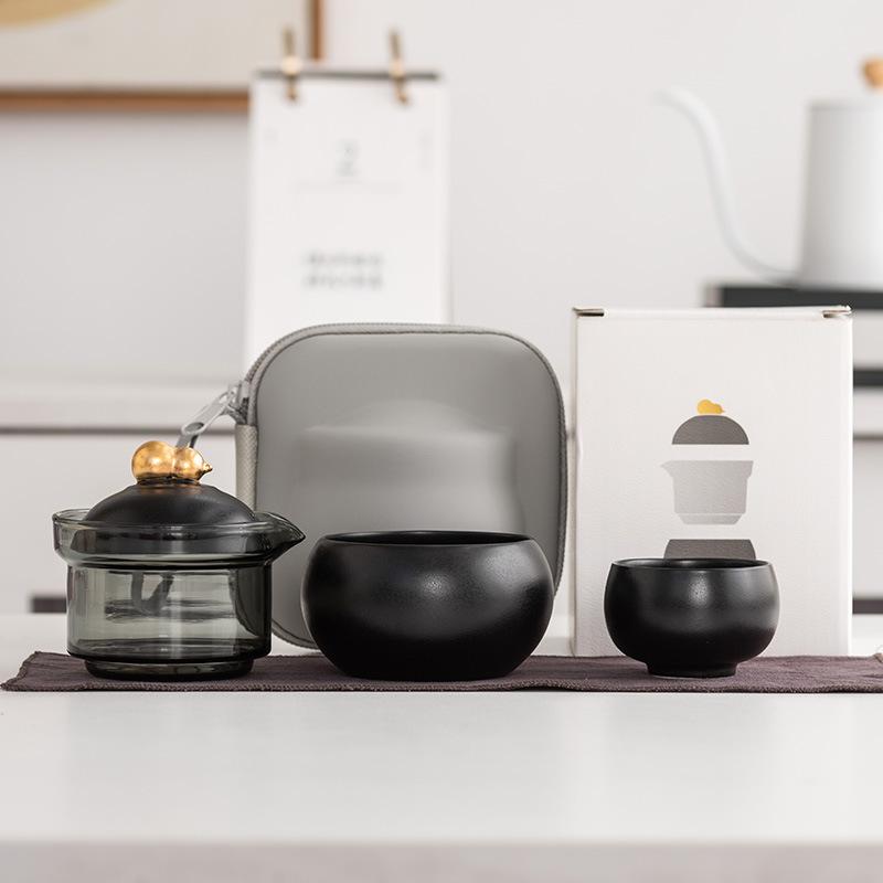 

High-end travel tea set, one pot and two cups of gold-painted high-end outdoor portable merchandise, Guochao commemorative business gifts