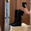 Soft Leather Version~ Height Increase 6cm Soft Leather Round Head Thin Medium Boots Women's Autumn and Winter New Soft Pleated Long Tube Stacking Boot