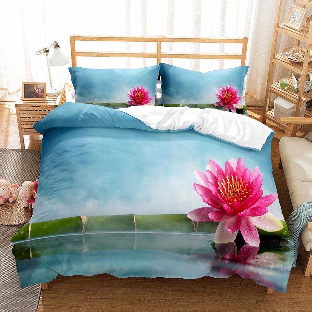 Lotus Flower Duvet Cover Set Lotus Leaf Pattern Polyester Quilt Cover King Full Size For Kids Teens Bedding Set With Pillowcase