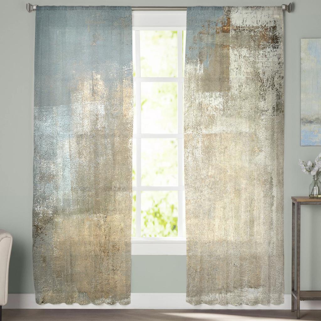 Retro Country Style Abstract Art Tulle Curtain Voile Transparent Tulle for Bedroom Living Room Kitchen Sheer Window Curtains
