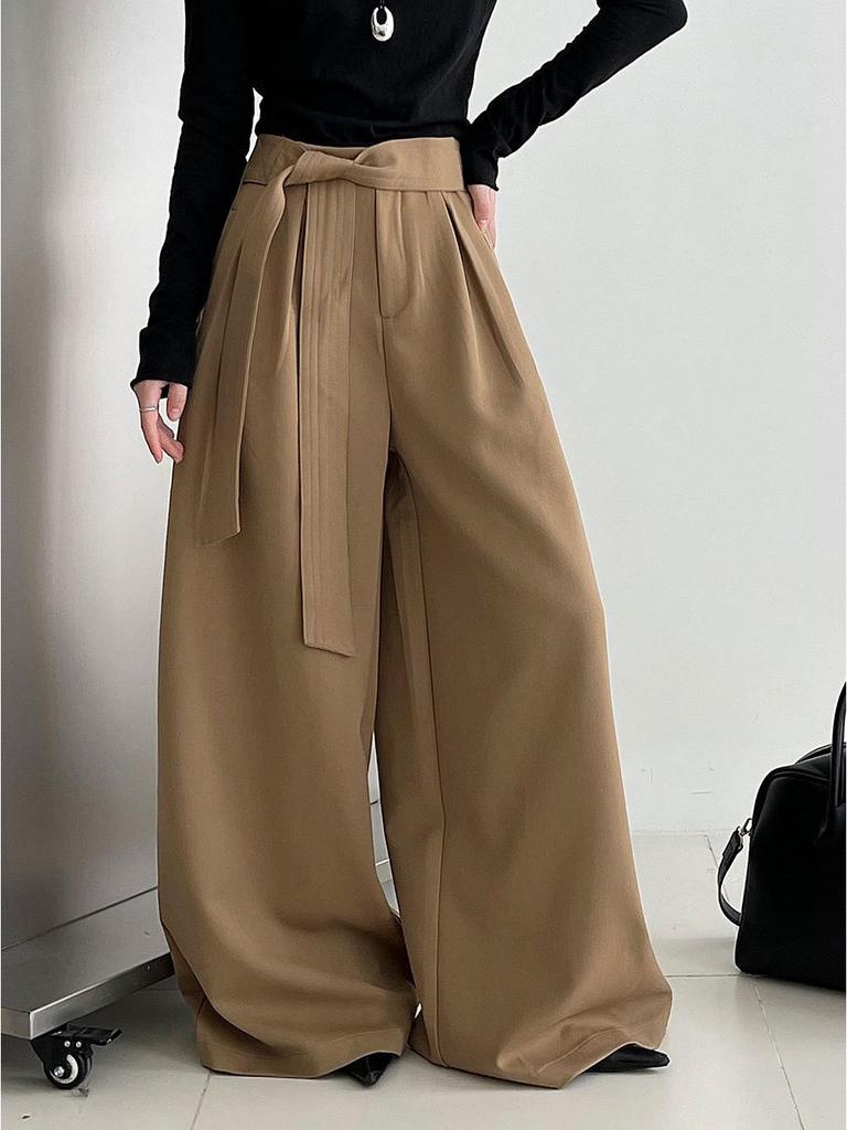LUXI Women's Retro Lace-up Pleated Wide-Leg Pants - Autumn Casual Straight-Leg Long Trousers