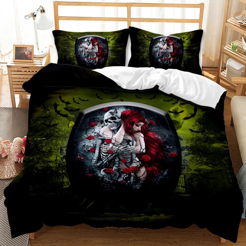 Skull Duvet Cover Set 3D Beauty Skull Gothic Pattern Couple for Lovers Bedding Set Double Queen King Size Polyester Qulit Cover
