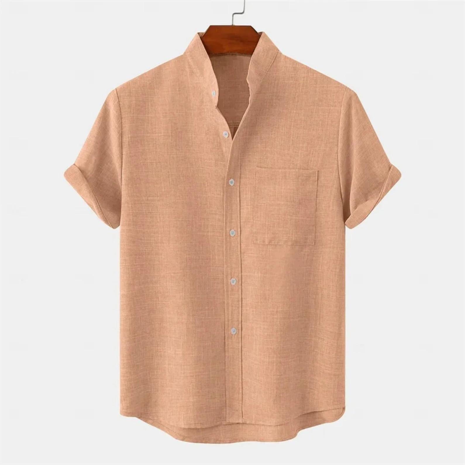

Summer Men s Stand Collar Minimalist Solid Color Button Short Sleeve Shirt Fashion Trendy Top 6XL