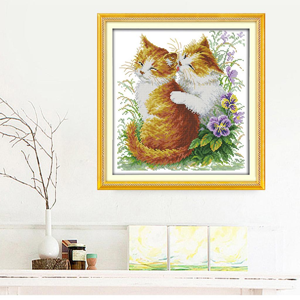 Stamped Cross Stitch Set DIY Embroidery Pre-printed Kissing Cats Pattern Full Kit for Gifts Birthday Wedding Christmas