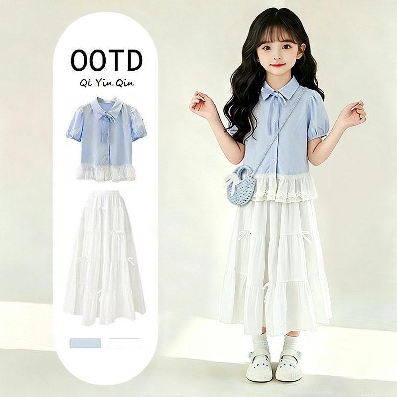 Girls Summer Preppy 2 Piece Set Ruffle Short Sleeve Shirt And Tiered Cake Skirt Outfit For Big Kids