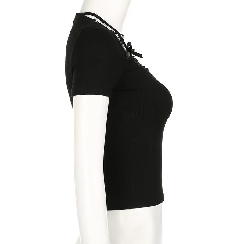 Decolteu cu dantelă, cu fundă, tricou drăguț Y2K, tricou pentru femei, subțire, cu mânecă scurtă, cu mânecă scurtă, îmbrăcăminte dulce pentru balet