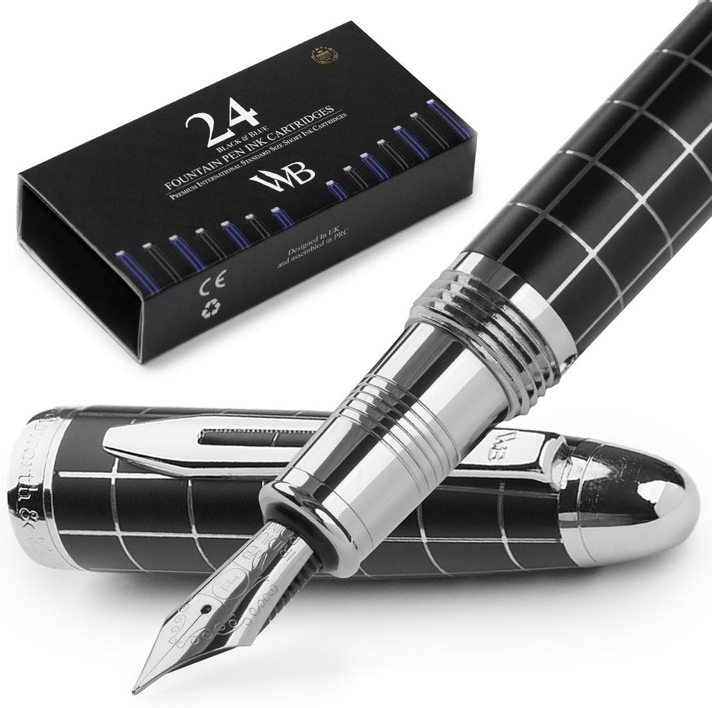 Wordsworth Black Majesti Fountain Pen Set Fine F Check Chrome Fine Nib