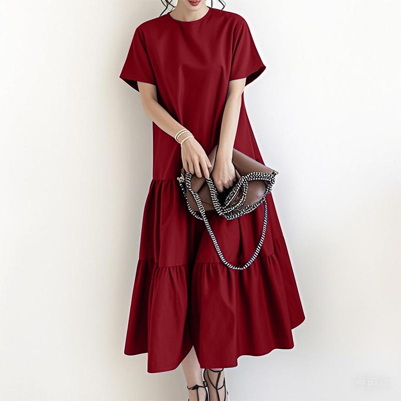 ZANZEA Women Casual Round Neck Solid Color Short Sleeve Long Dress