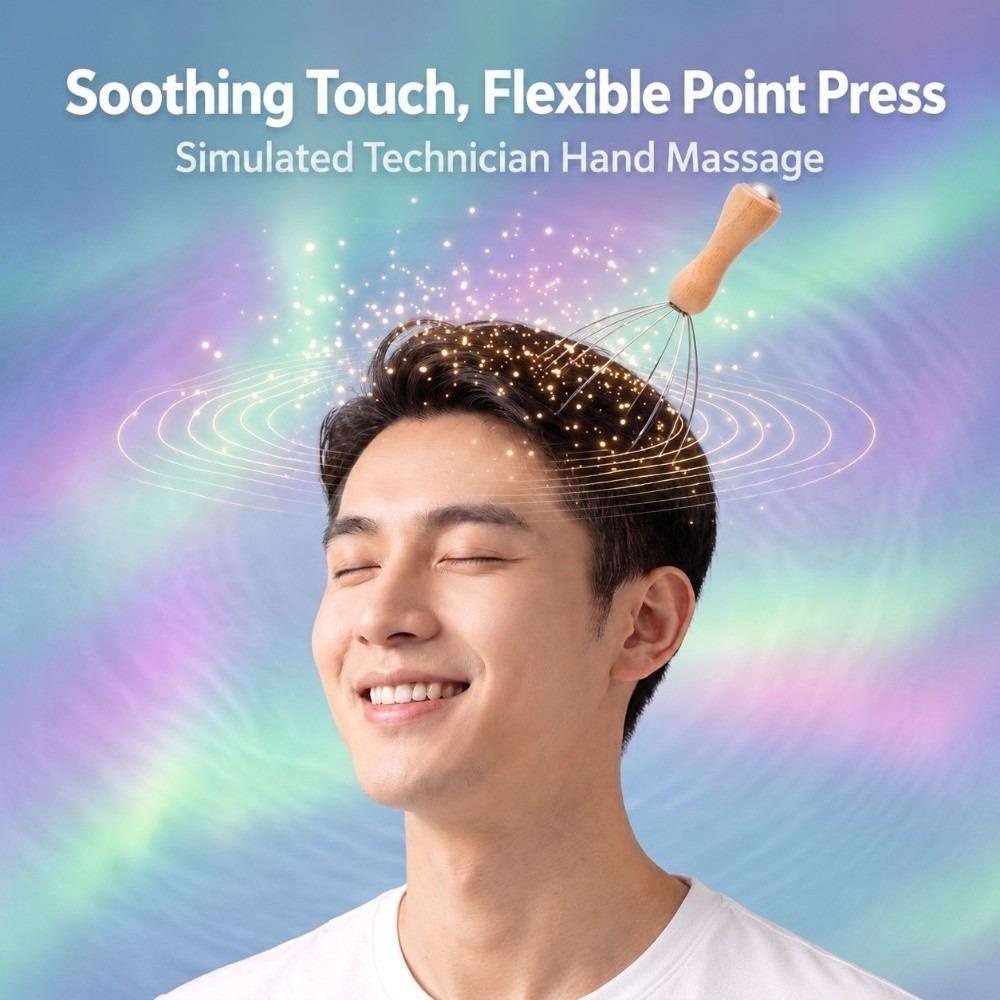 Round Tip Head Massager Wood Handle Head Scratcher Flexible Scalp Relax Tool Home Stress Relief