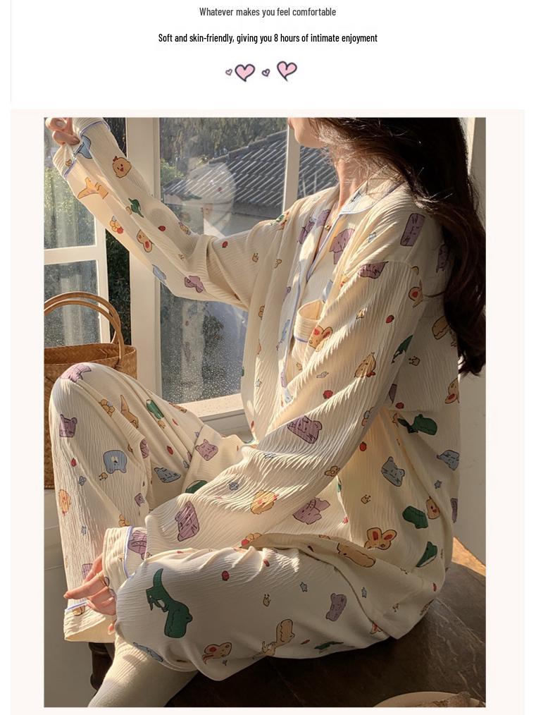 Women's 2024 Spring Polka Dot Pajama Set - Long Sleeve Cardigan and Pants In Casual Wrinkled Fabric