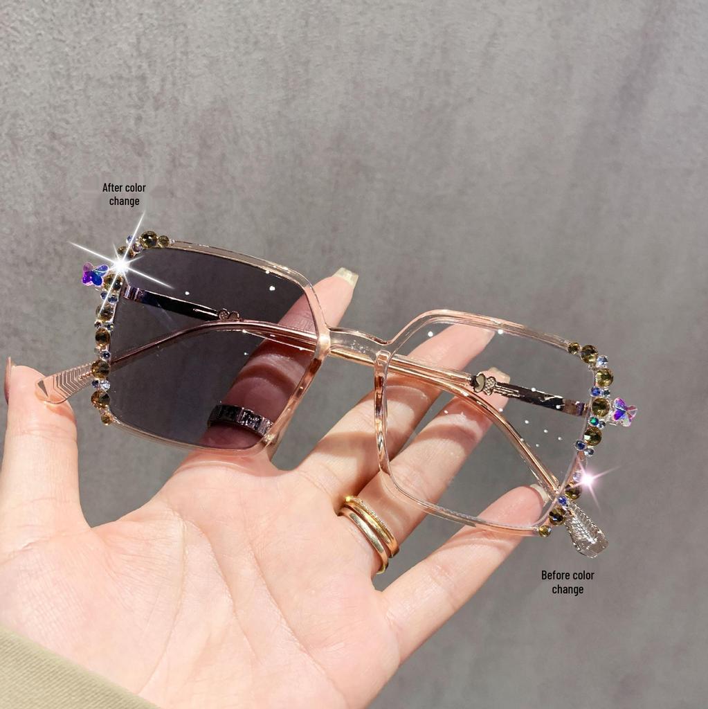 Women's Photochromic Glasses with Starry Sky Diamonds, Cross-Drilled Design, Ultra-Light Anti-Blue Light Frame