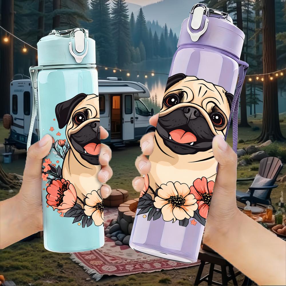 1 PZ Carino Carlino Circondato da Fiori 750ml Bottiglia d'Acqua Sportiva in Plastica Colorata Tappo con Cannuccia a Flip Anti-perdita Adatta per Sport Ufficio Uso Domestico