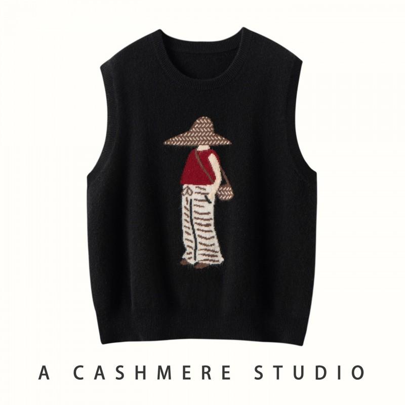 Womens Cashmere Blend Knit Sleeveless Vest Round Neck Loose Fit Cartoon Jacquard Lightweight Slimming Top