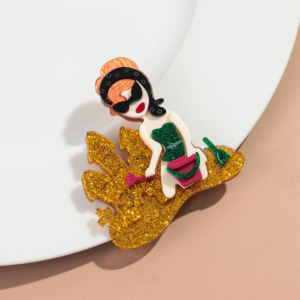 Glitter Acrylic Cute Beach Castle Girl Brooches for Women New Vacation Lady Figure Badge Pin Casual Jewelry Accessories Gift