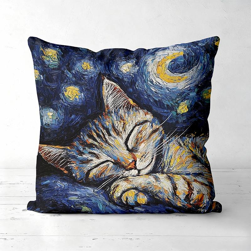 

Van Gogh Style Cat Printed Decorative Throw Pillow Polyester pillowcase, sofa decorative cushion cov Headboard Pillow 45x45cm