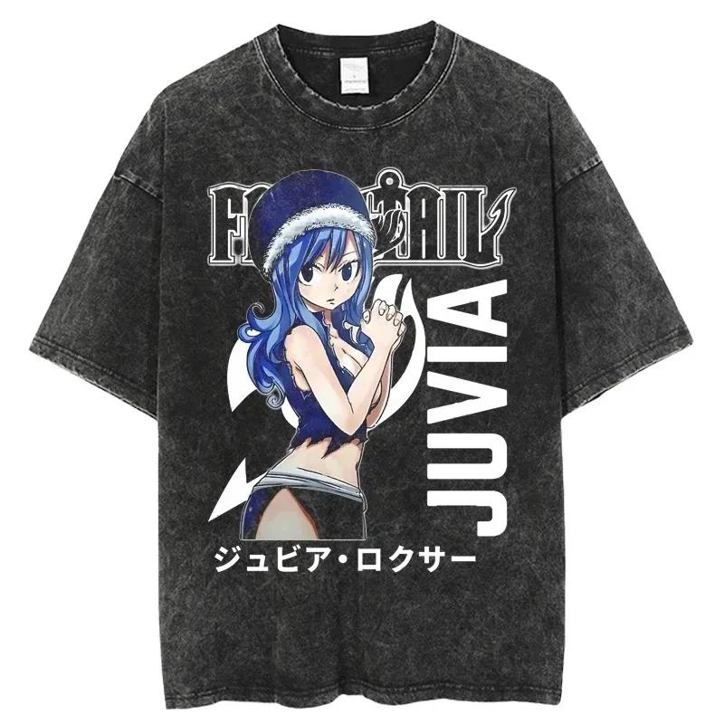 2026 Summer Vintage Washed Fairy Tail Manga Cover Anime T-Shirt Unisex Oversized Streetwear Cotton Short Sleeve Casual Tops