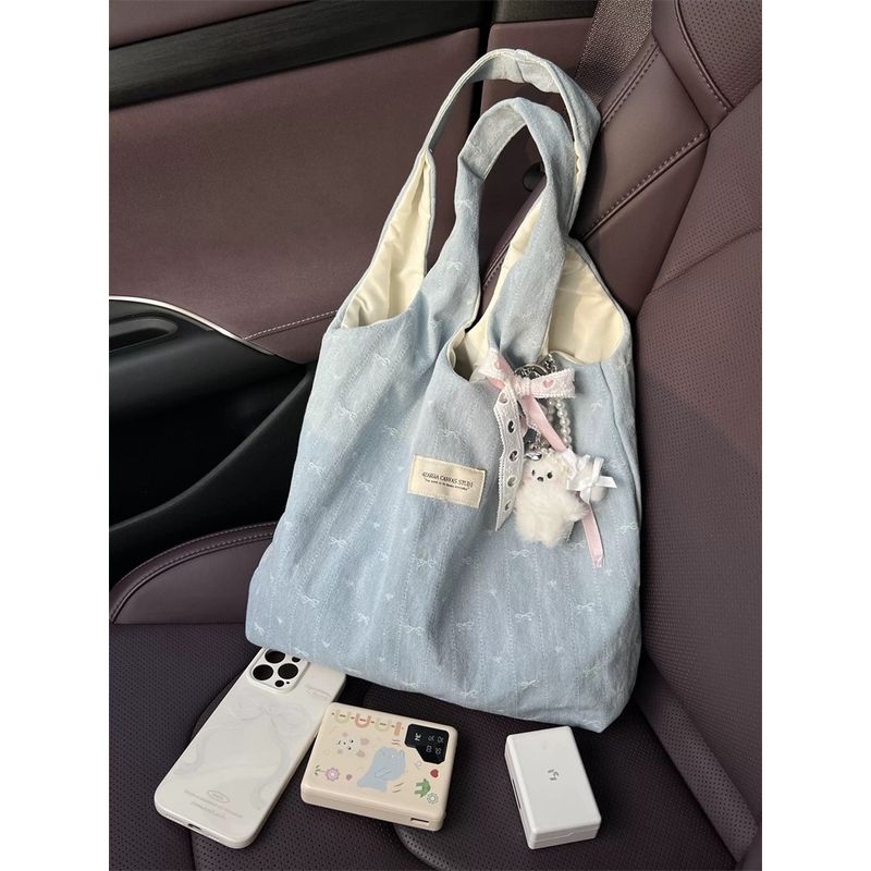

2025 Spring/Summer New Arrival Bows Denim Canvas Bag Korean Simple Easiest for Match Shoulder Bag Large Capacity Totes Light blue (without pendant)