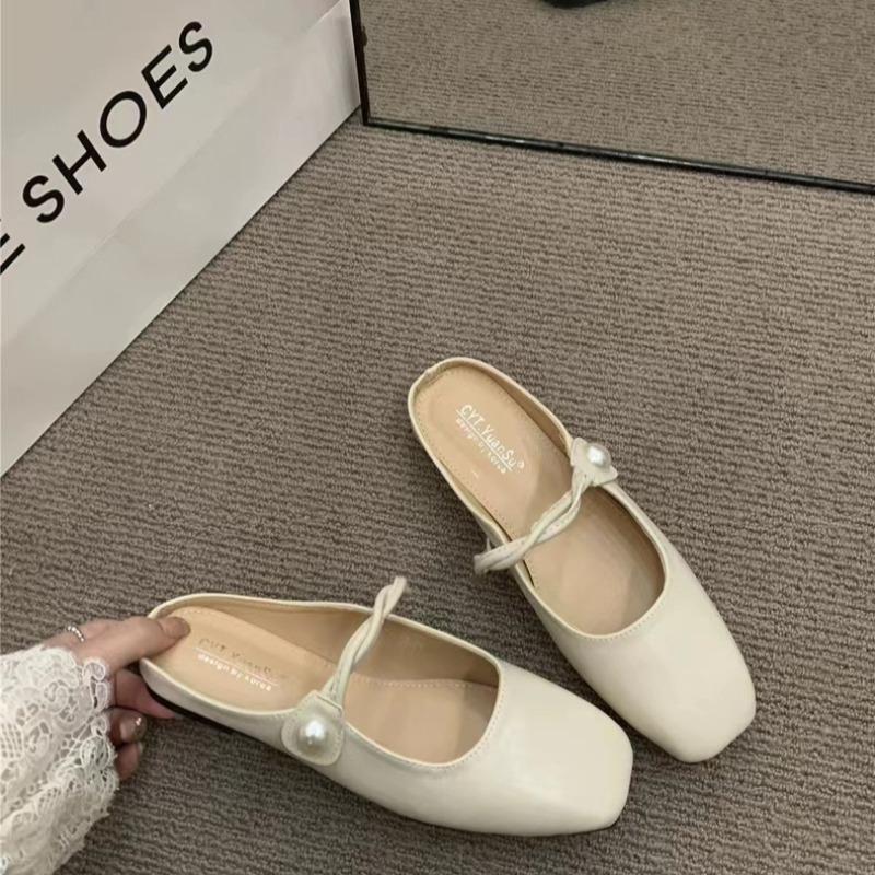Women's Flats Summer BaoTou Half Slippers Mary Janes Shoes Luxury Square Toe Slippers for Women 2025Flat Slippers Zapatos Mujer
