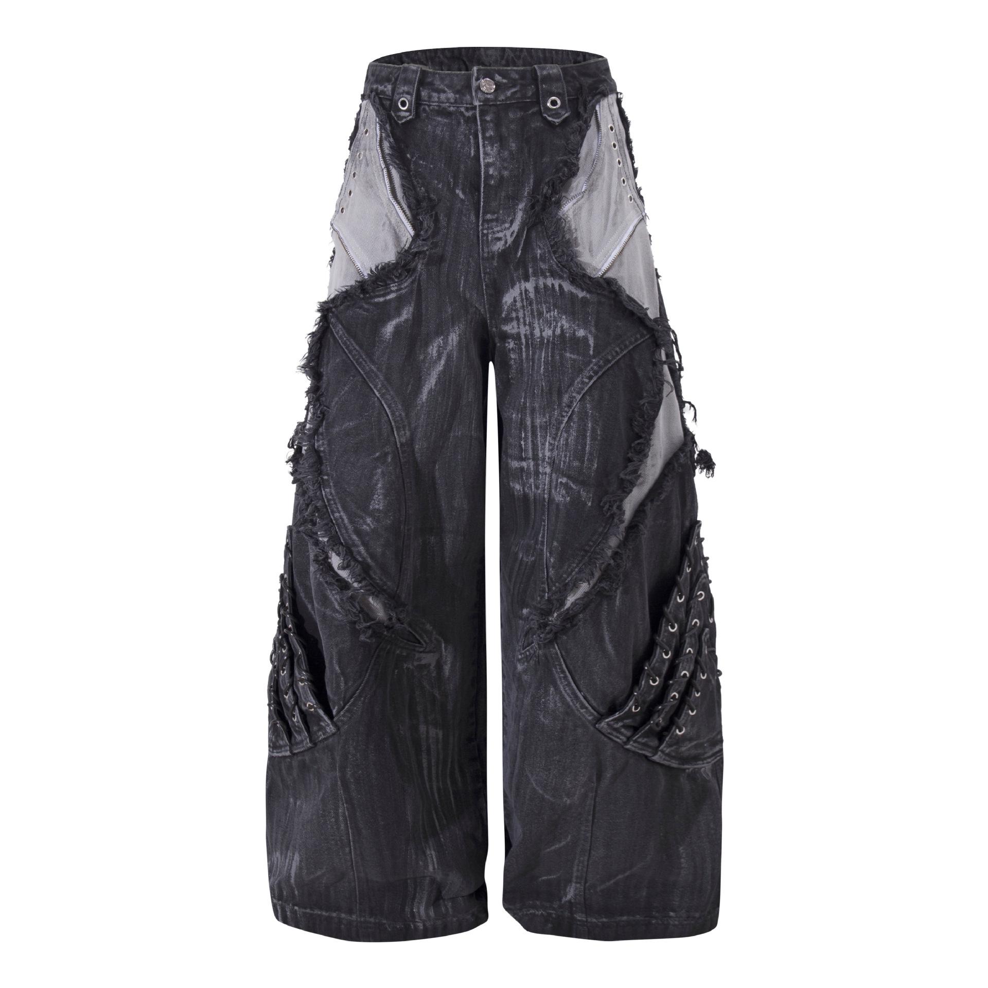 ZHANLAI Unisex Retro Distressed Patchwork Denim