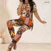 Women Plus Size Halloween Printed Round Neck Short Sleeve Long Top Fitted Long Pants Two Piece Set