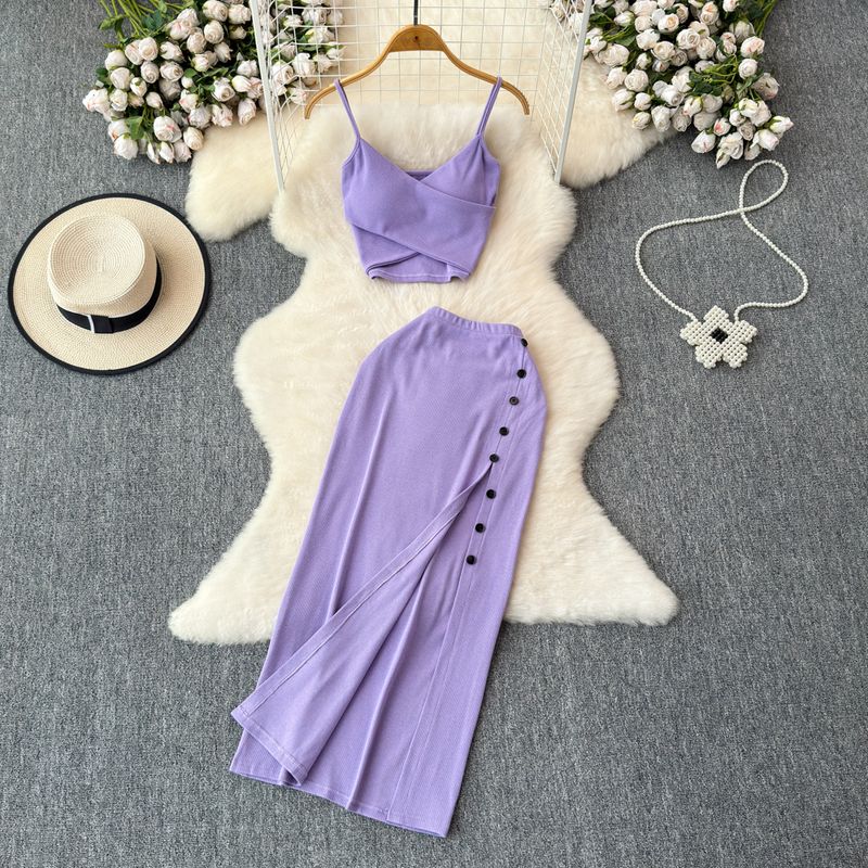 Fashion Suit Women's Summer Sexy Padded Strap Vest Two-Piece Set High Waist Slimming Slit Sheath Skirt