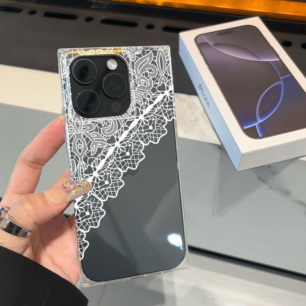 Clear Square Back Tube Case Protection For iPhone 13 12 11 16 ProMax 15 Plus 14 Pro Max Anti-Oxygen,White Lace with Tangled Net Pattern Casing