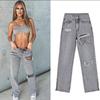 Dames Jeans met Hoge Taille en Rechte Pijp Slim Fit Streetwear Gescheurd Gespleten Zoom Denim Broek