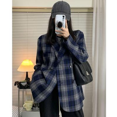 Elegante Giacca Blazer a Quadri Blu, Stile Coreano, Slimming, Classico Stile Accademico, Qualità Tendenza