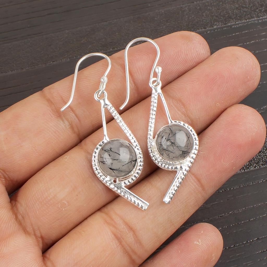Black Rutile Handmade Silver Earrings, 925 Sterling Silver Designer Earrings, Beautiful Gemstone Earrings Gift For Wife