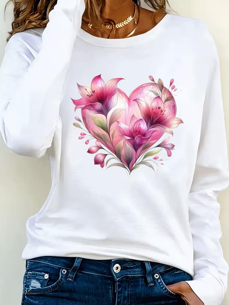 

(Asian Size) watercolor flower 90s Clothing Casual Tee Lady Printed o-neck Long Sleeve T Shirt Women Female Fashion Top Graphic T-shirts S