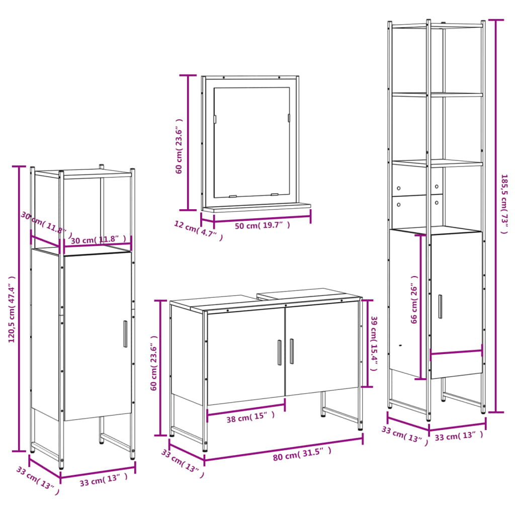 4 Piece Bathroom Furniture Set Grey Sonoma Particleboard