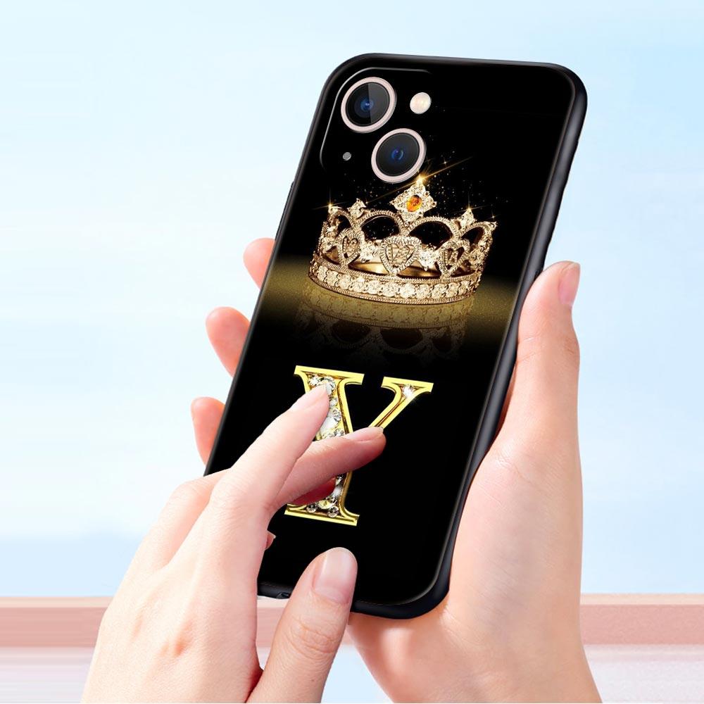 Luxury Phone Case For iPhone 11 12 13 15 16 14 Pro Max X XR XS 7 8 Plus 2020 Soft Cover Funda Fashion Diamond Crown Letter A
