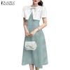 ZANZEA Women Casual Round Neck Short Sleeve Patchwork Dress Summer