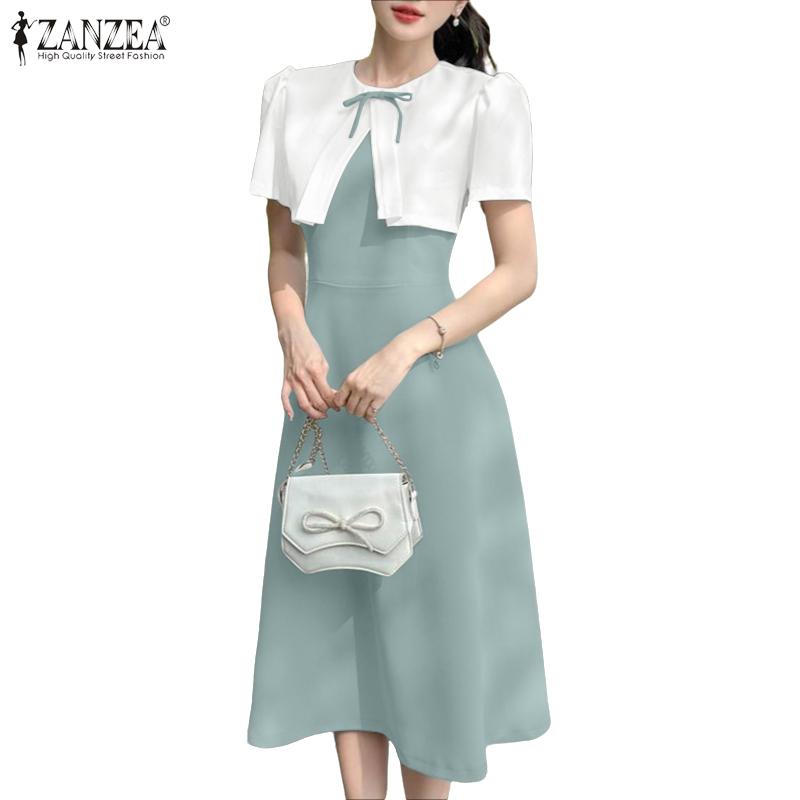 ZANZEA Women Casual Round Neck Short Sleeve Patchwork Dress Summer
