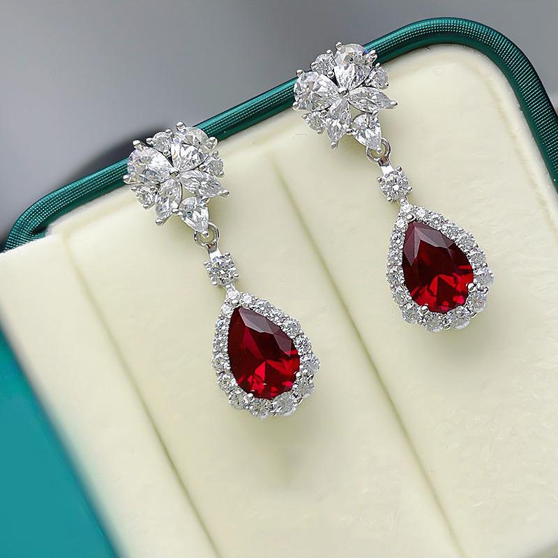 Hui Zhi Yi 2023 Silver Simulated Red Zircon Drop Earrings - European & American Trend