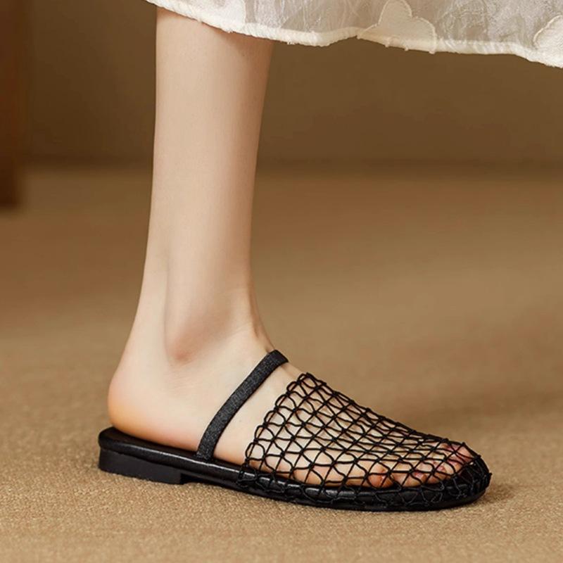 Niche Design Hollow Woven Fishing Net Surface Flat Bottom One Word Sandals Women Wear Sandals Wear Half Slippers Women