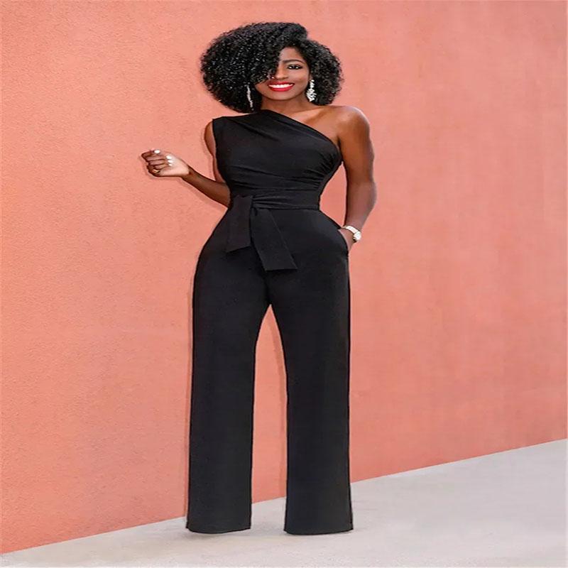 Women's Jumpsuit Solid Skew Collar Crop Top Straight Pants Belt Sexy Sleeveless Loose Pants Elegant Charming Playsuits