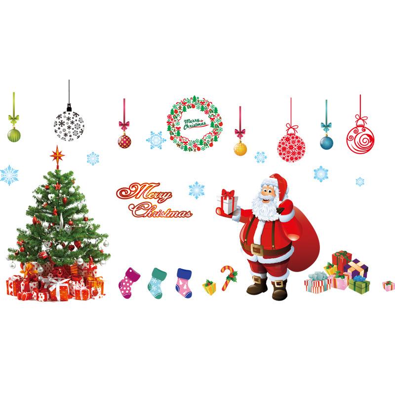 Christmas Tree and Old Man Cartoon Wall Sticker Shop Large Wall Self-adhesive Decorative Painting New Year's Wallpaper