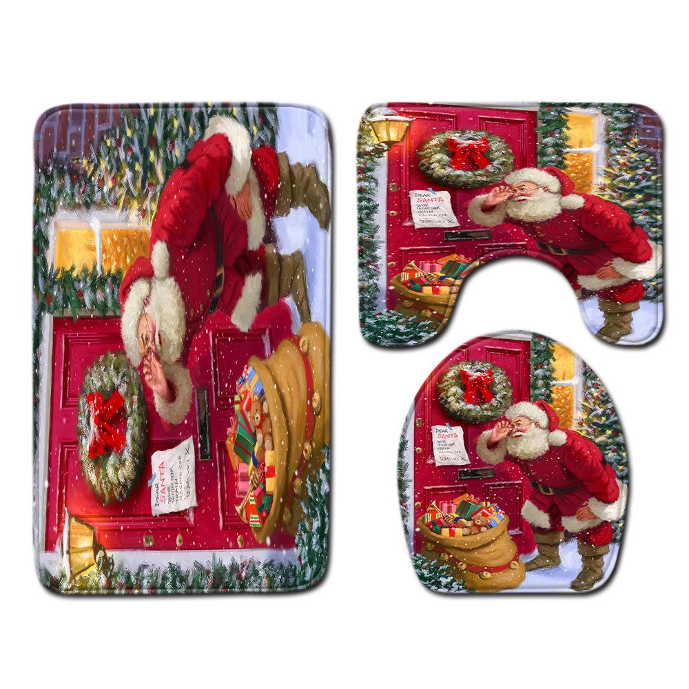 Christmas Shower Curtain Floor Mat Combination Four-Piece Set Bathroom Toilet Carpet Shower Room Mat Foot Mat