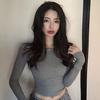 Spring and Autumn Live Streaming Host High Waist Thin Tight Sexy Big Halter Low Cut Short Two Wear Long Sleeve T-shirt Top Female Tide