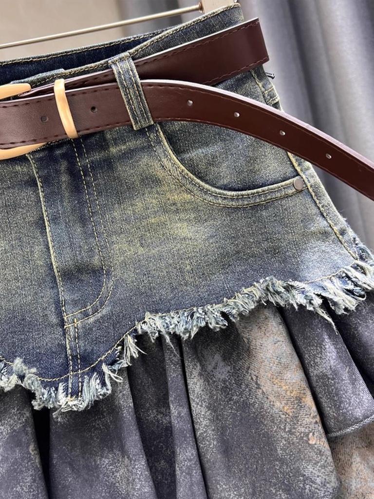 Jupe en jean vintage épissée pour femme Y2K, jupe gâteau superposée, taille haute, amincissante, ligne A, mini-jupe courte