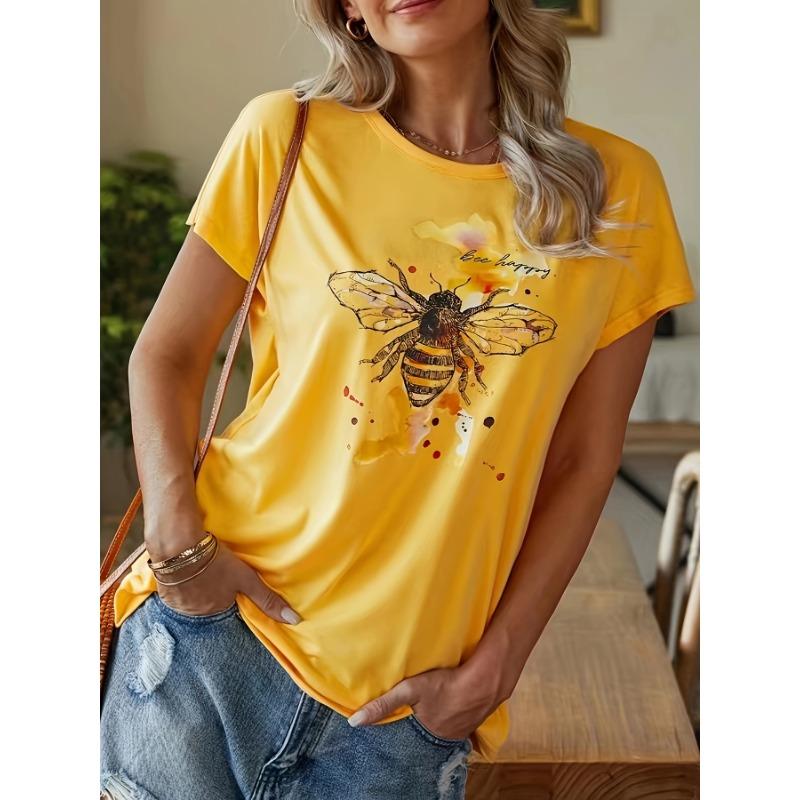 Cute Watercolor Bee Bee Happy 3D Printed Women's T-Shirt, Soft Casual Short Sleeve Top for Summer